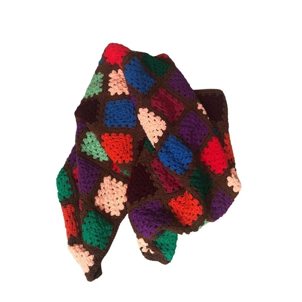 Granny Square Handmade Crochet Throw Brown Multi Chunky Funky‎ Bohemian Vintage